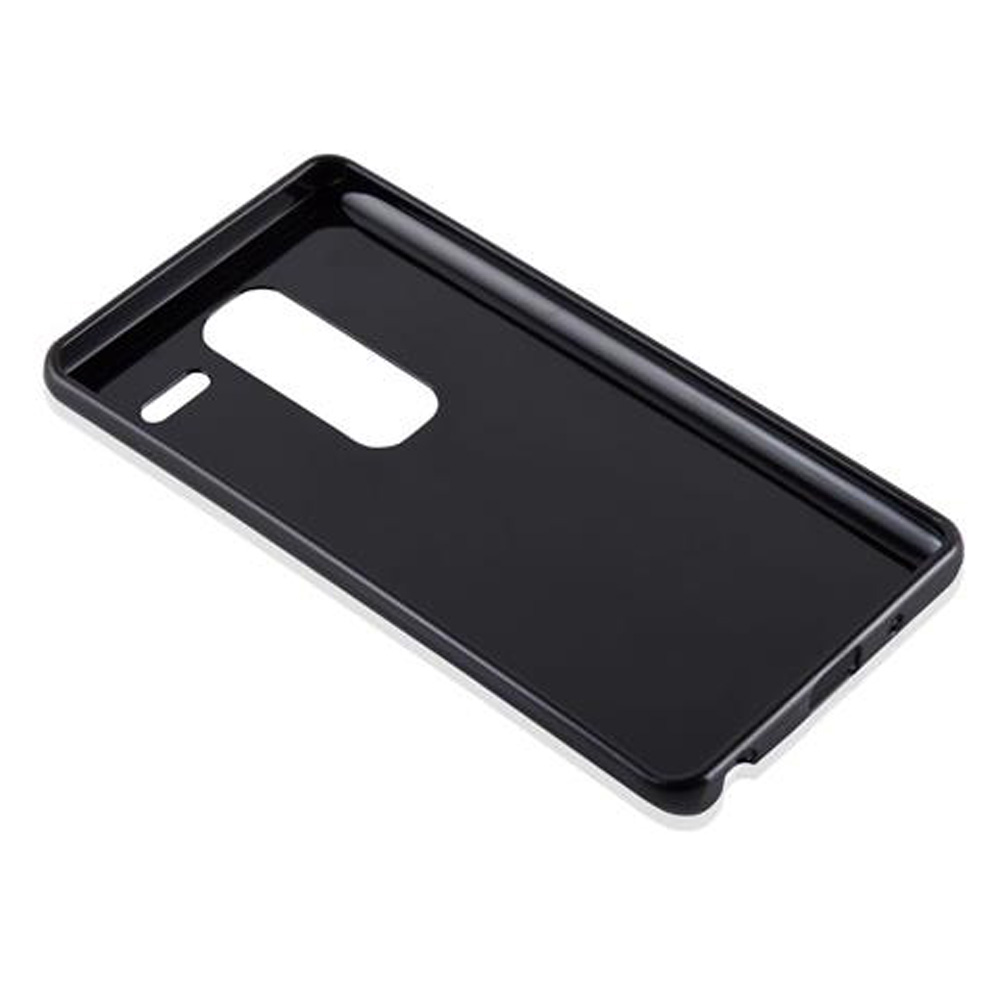 Custodia nera per telefono con ritagli per fotocamera e pulsanti.