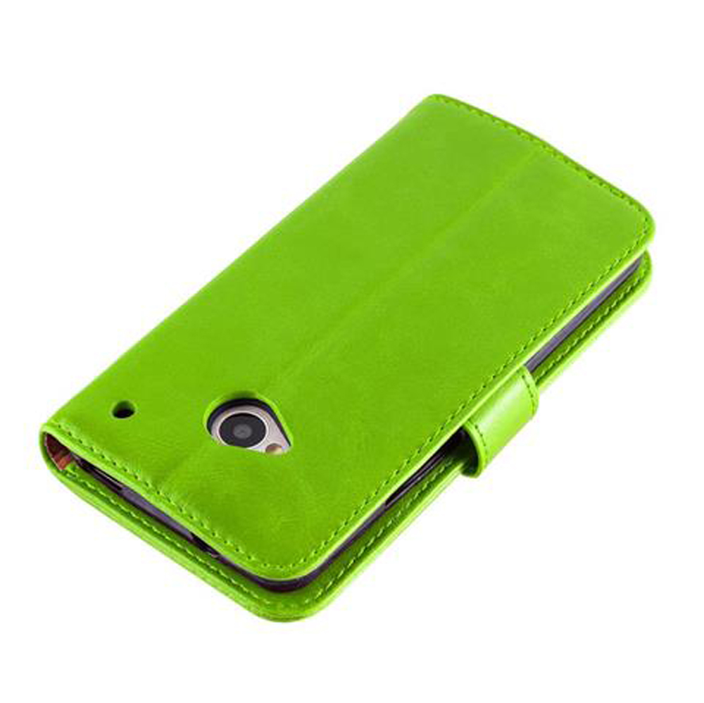Custodia per telefono verde brillante aperta con ritaglio fotocamera.