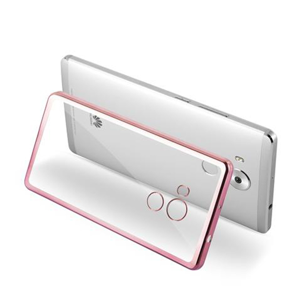 Una custodia rosa oro davanti a uno smartphone argentato.