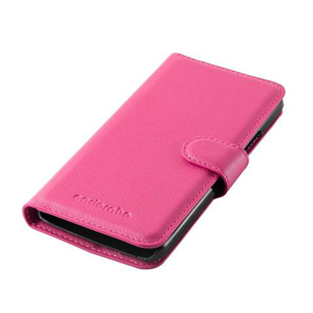 Una custodia per telefono in pelle rosa con chiusura magnetica è mostrata su sfondo bianco.