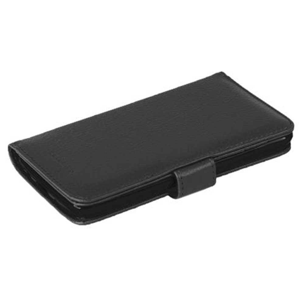 Custodia a portafoglio in pelle nera per smartphone, chiusa con linguetta.