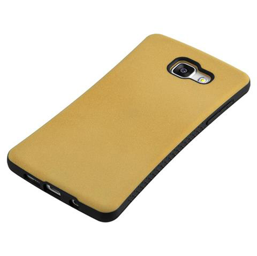 Se muestra una funda de teléfono amarilla con borde negro y recorte de cámara.