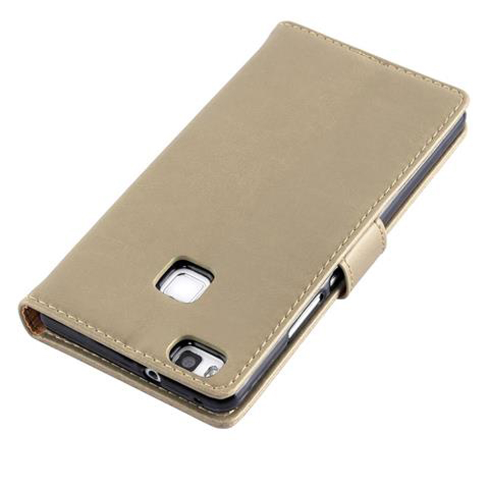 Una custodia a flip in pelle beige per telefono è mostrata di lato su sfondo bianco.