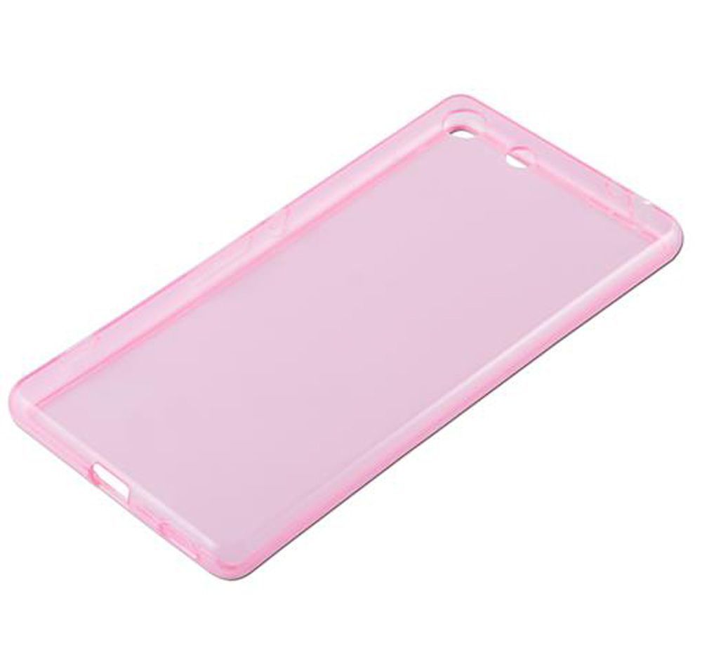 Una cover per telefono rosa traslucida con ritagli per fotocamera e pulsanti.
