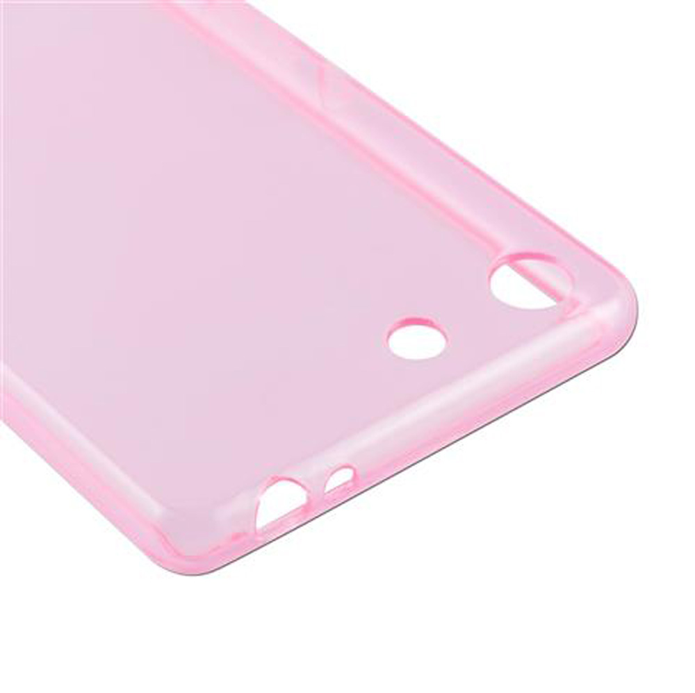 Una cover rosa traslucida per telefono con ritagli per fotocamera e porte.