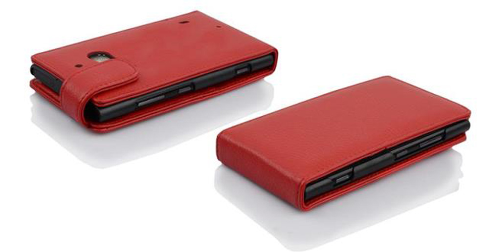 Due custodie rosse in pelle per cellulare, una accanto all'altra.
