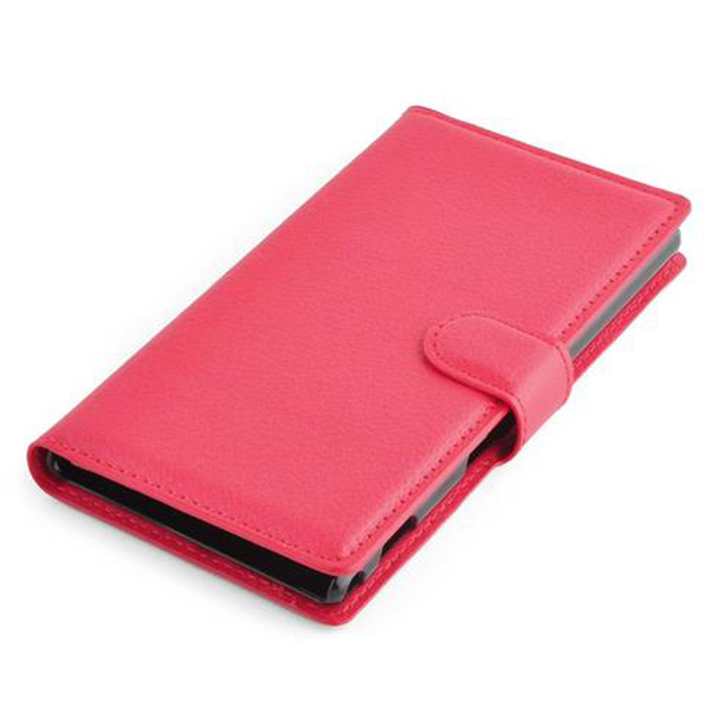 Una custodia a libro in pelle rossa per smartphone, su una superficie bianca.