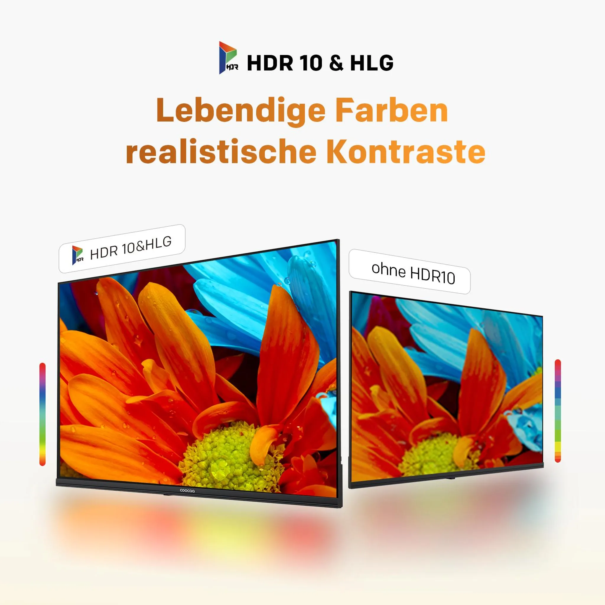 Dos televisores muestran flores; uno con HDR 10 & HLG, el otro sin.