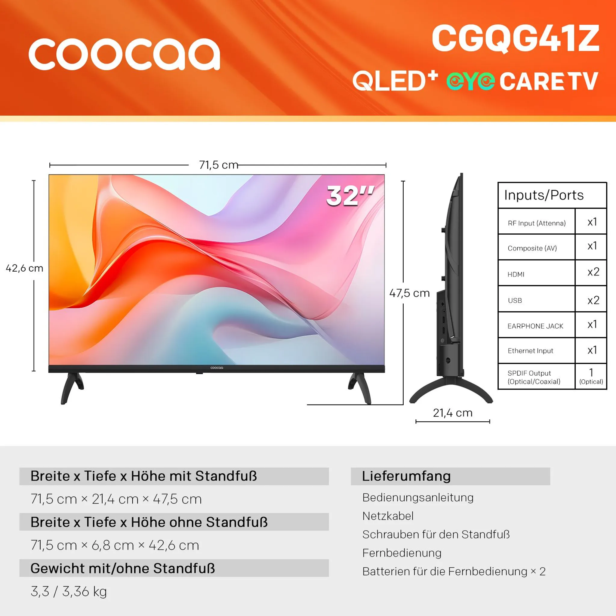 Ein 32-Zoll Coocaa QLED Fernseher mit Anschlussspezifikationen und Maßen.