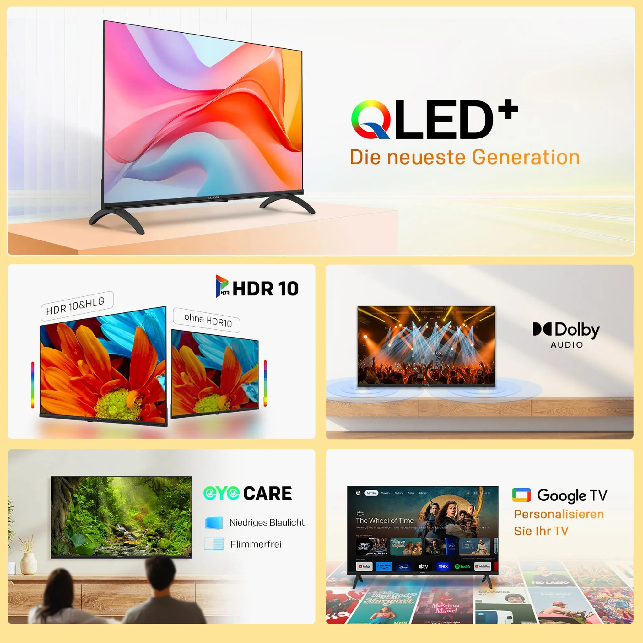Un televisor QLED+ con imágenes vibrantes, Dolby Audio y Google TV.