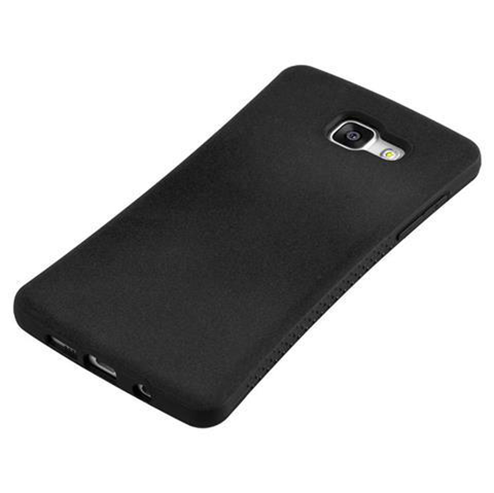Funda de teléfono negra con recorte de cámara y botones laterales.