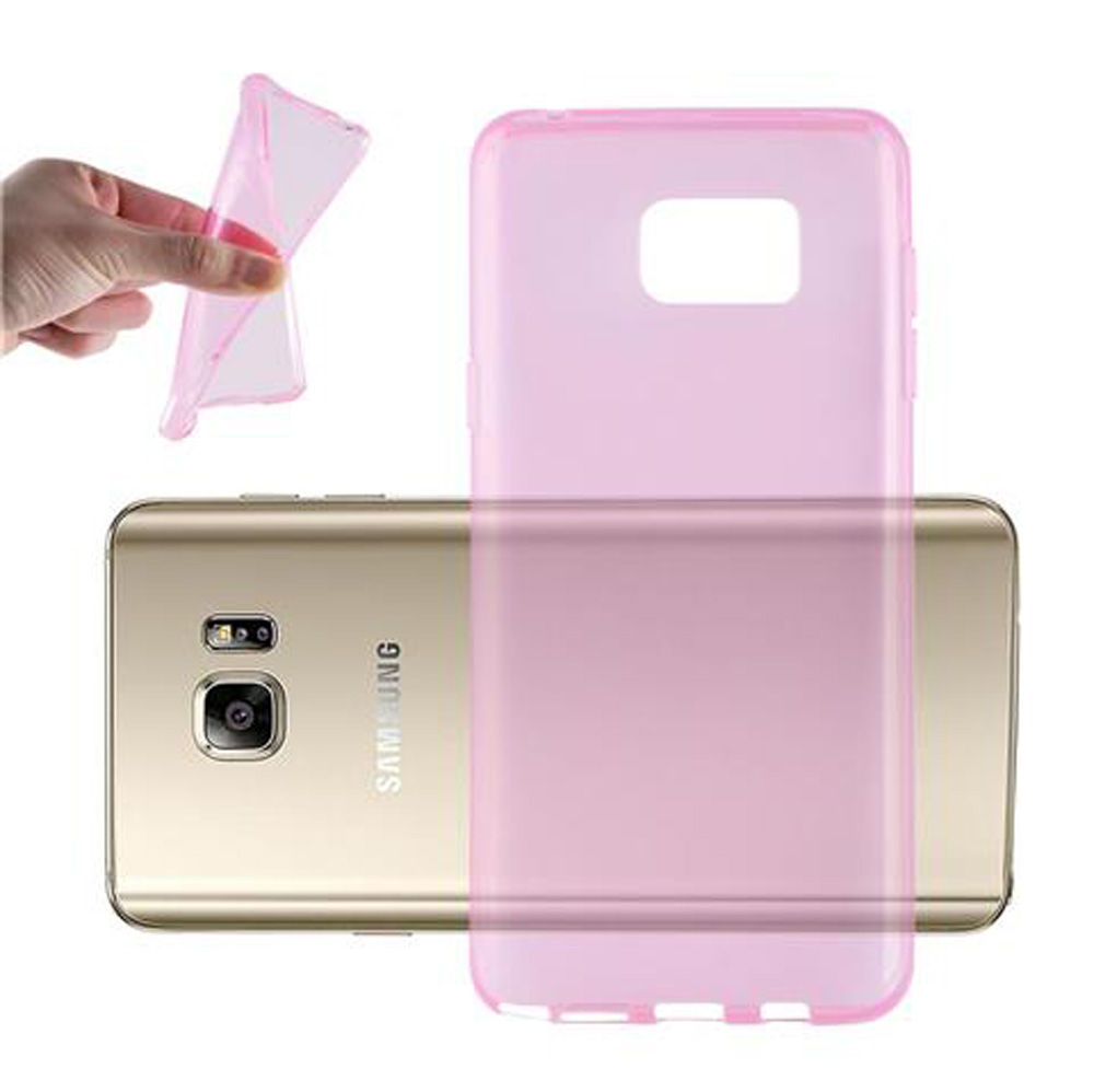 Una mano piega una custodia rosa trasparente su un telefono Samsung dorato.