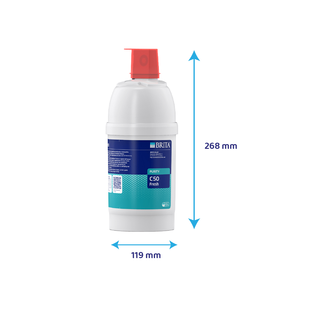 Eine weiße Brita C50 Fresh Wasserfilterkartusche mit rotem Deckel. Maße: 268x119mm.