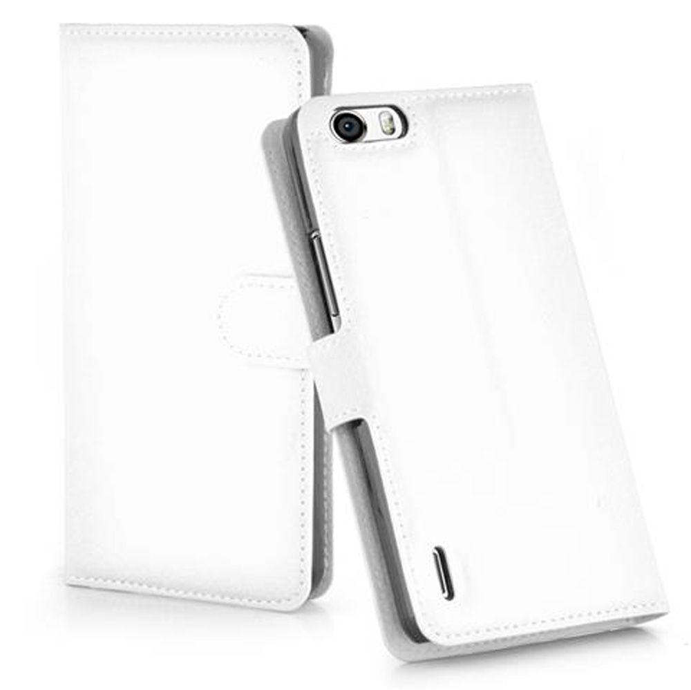 Due custodie bianche per smartphone stile libro, una aperta, una chiusa.