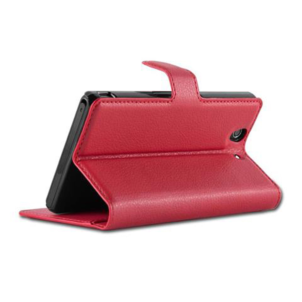 Rotes Leder-Flip-Case für ein Smartphone, das aufrecht steht.