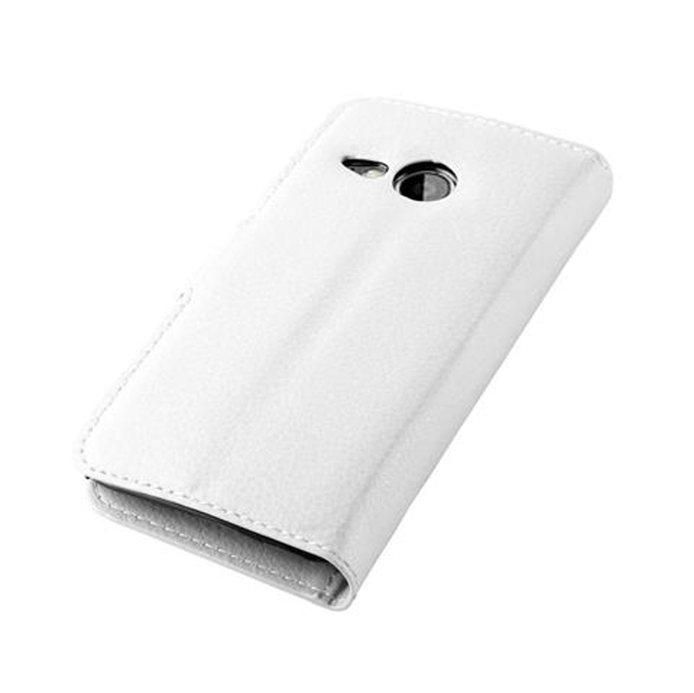 Una custodia bianca per telefono con ritaglio fotocamera, su sfondo bianco.