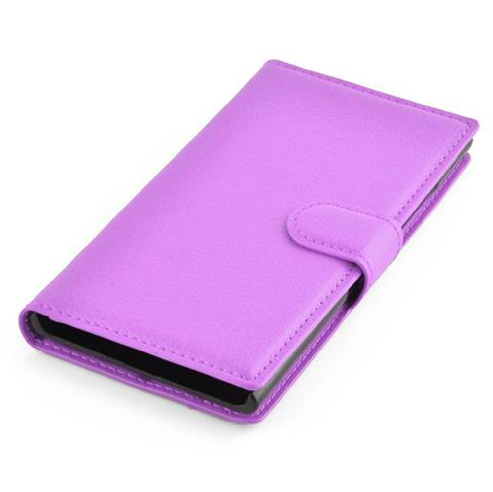 Una cover a libro viola chiaro per smartphone, su sfondo bianco.