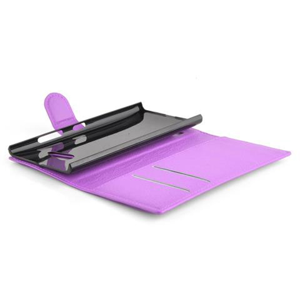 Custodia viola aperta per telefono con inserto nero e slot.