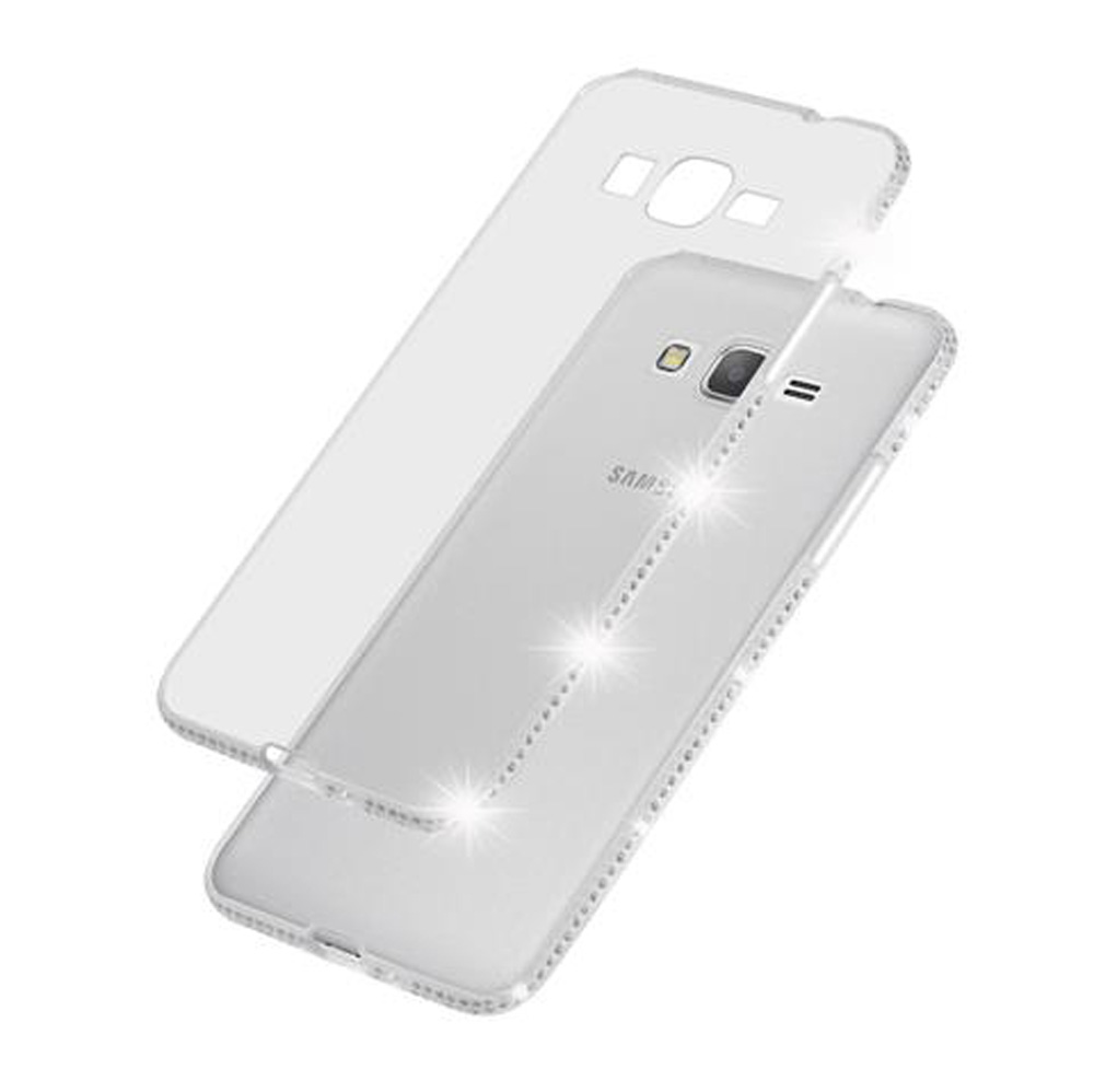 Una custodia trasparente per telefono con pietre scintillanti su sfondo bianco.