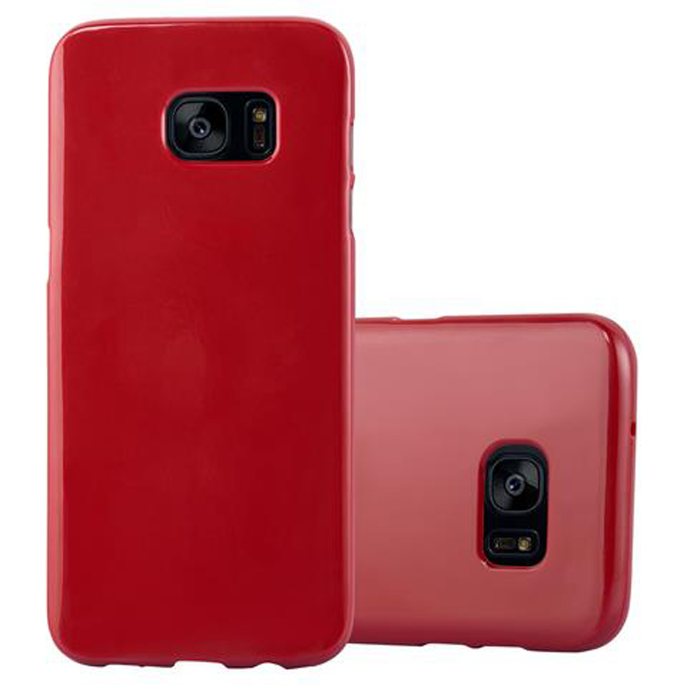 Due custodie per telefono rosse sono esposte su sfondo bianco.