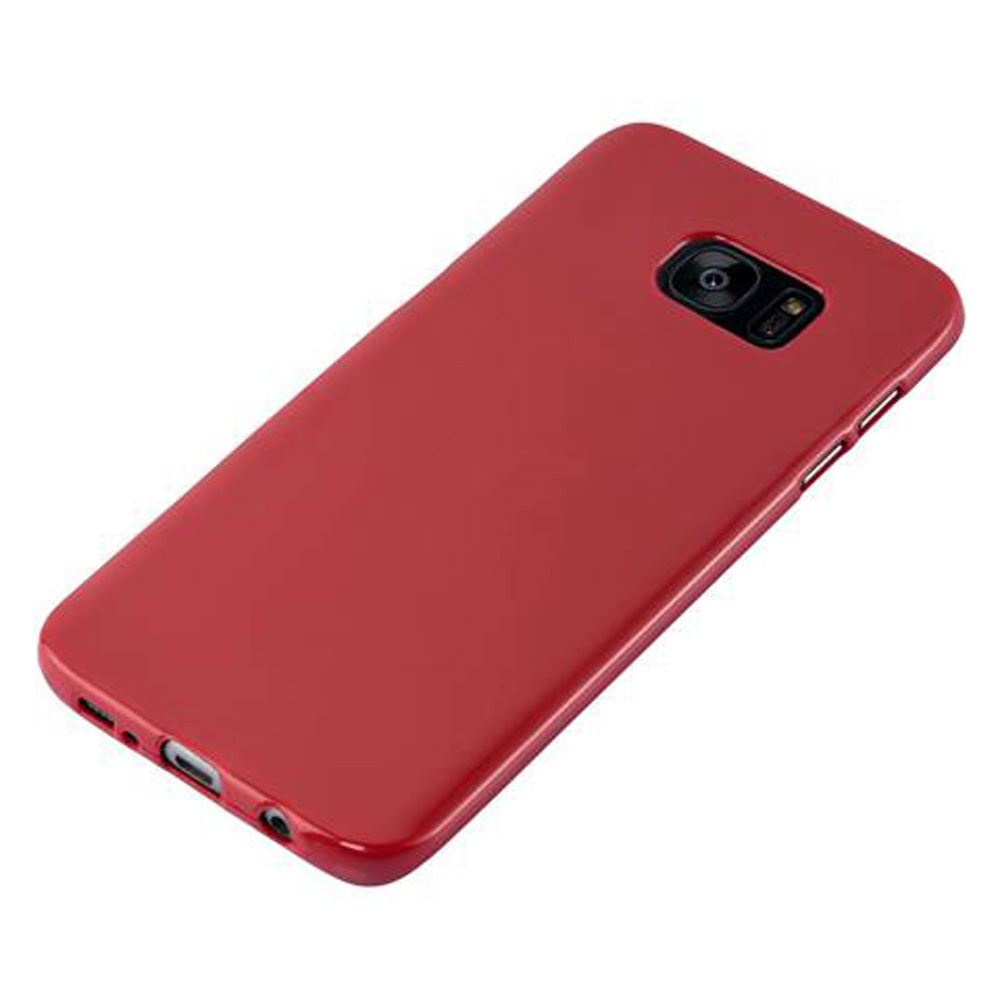 Custodia rossa per telefono con foro fotocamera e porte.