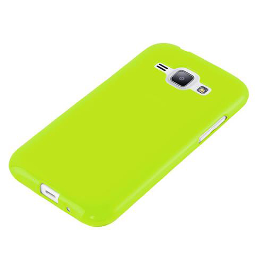 Una custodia per telefono verde neon con ritaglio fotocamera e griglia altoparlante.