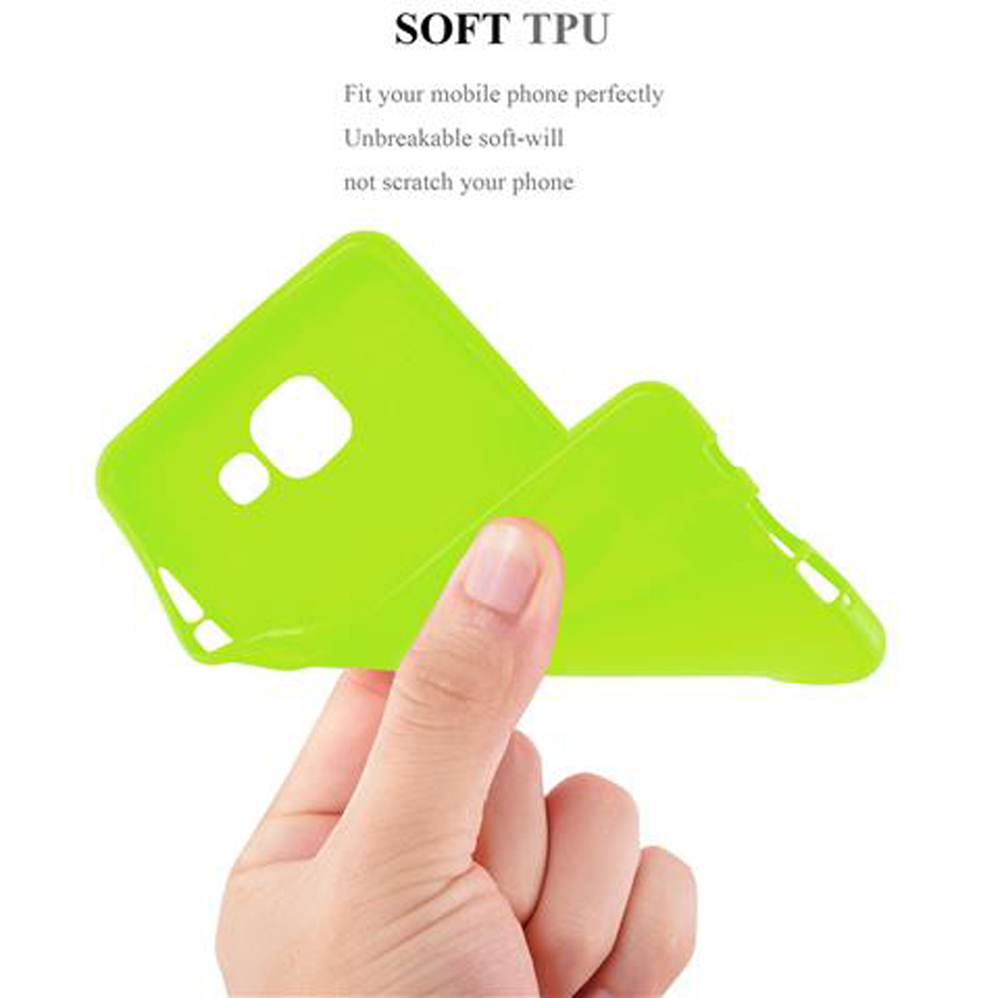 Una custodia per telefono in TPU verde brillante è tenuta da una mano.