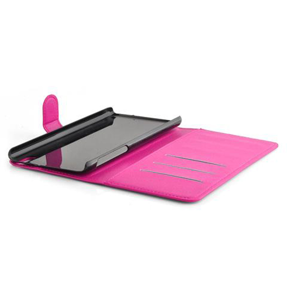 Ein offenes, pinkes Tablet-Etui mit Kartenfächern und einem schwarzen Halter.