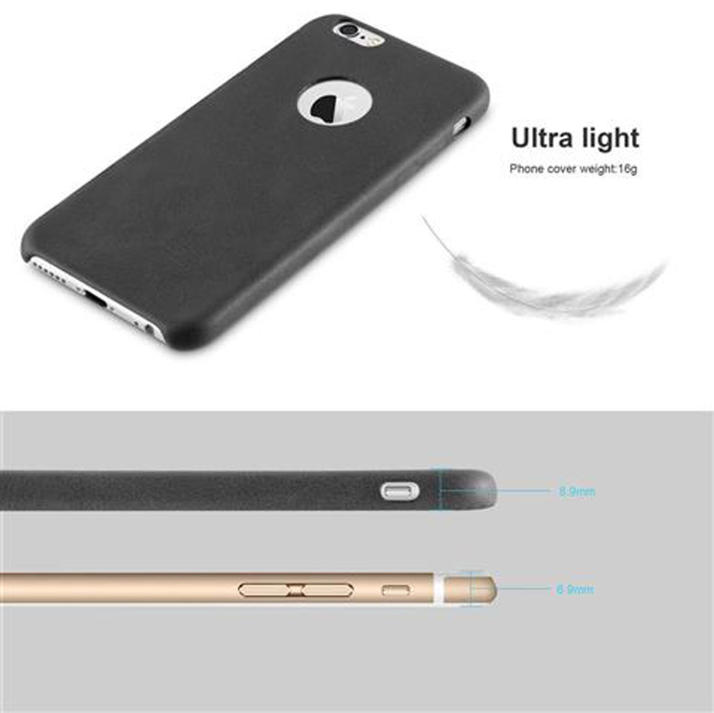 Custodia nera accanto a un iPhone che mostra le dimensioni.