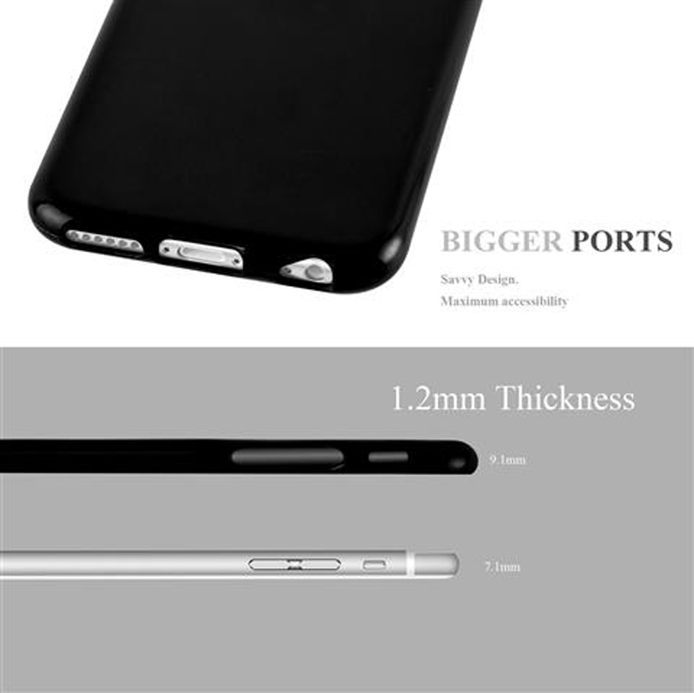 Schwarze Handyhülle mit größeren Anschlüssen. Zeigt 1,2 mm Dicke vs. 7,1 mm Handy.