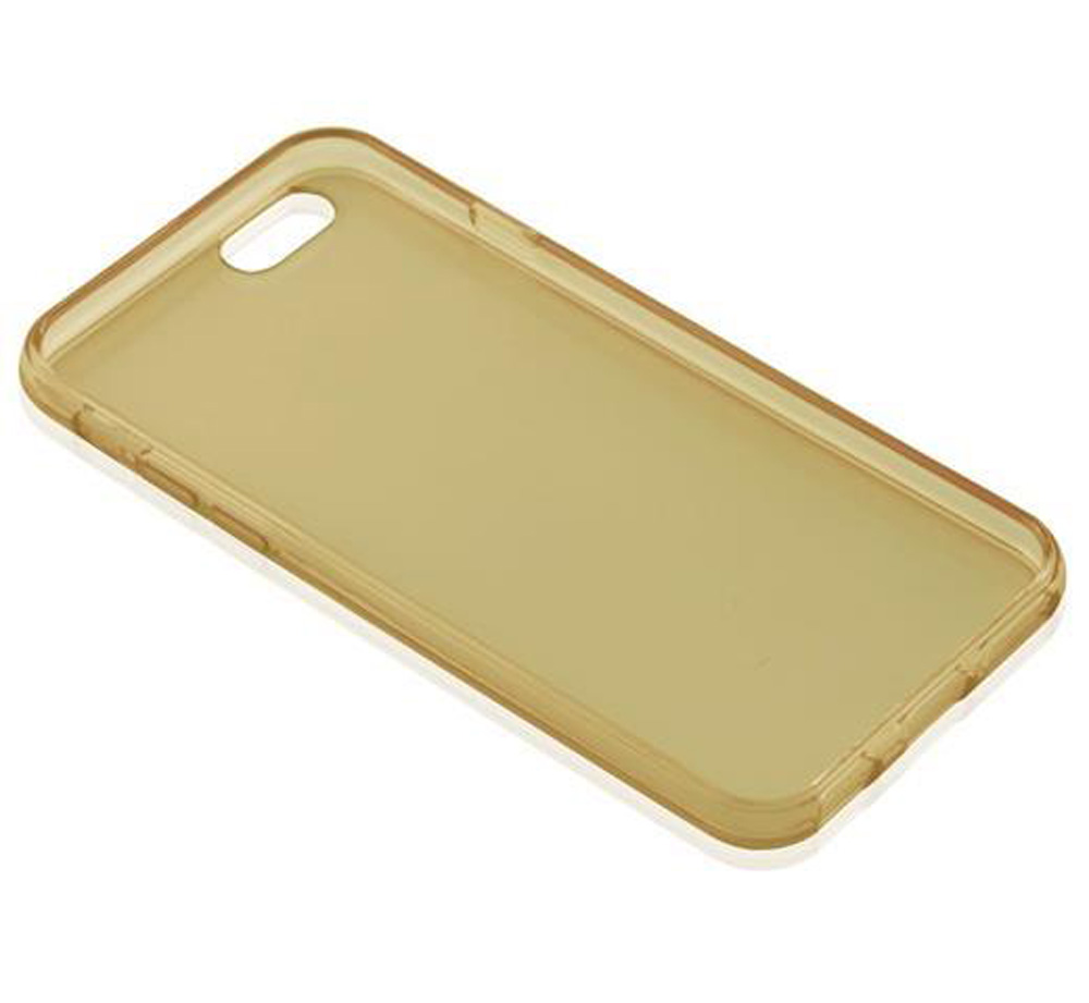 Eine durchsichtige, goldene Handyhülle liegt auf weißem Hintergrund.