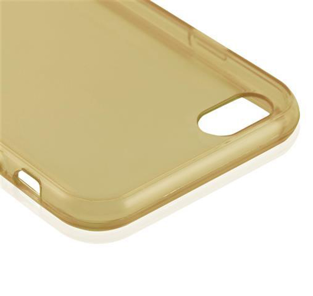 Eine durchsichtige, goldene Handyhülle mit Ausschnitten für Kamera und Anschlüsse.