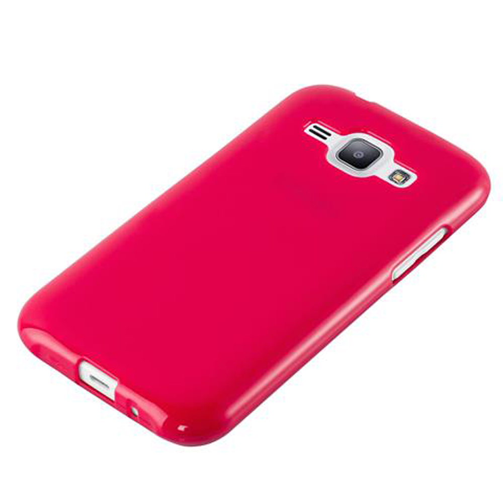 Ein leuchtend rotes Handygehäuse mit einer Kameraaussparung und einem Lautsprechergitter.