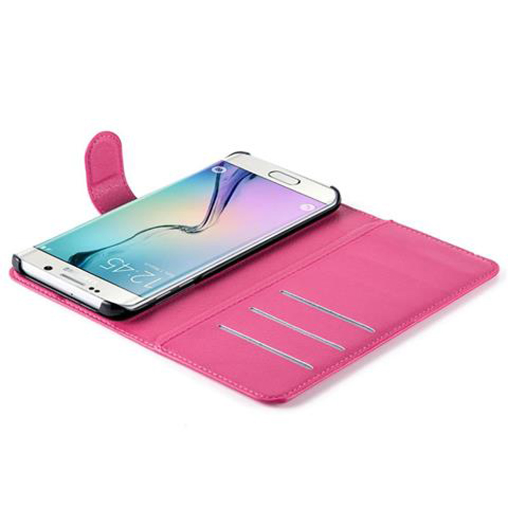 Una custodia rosa per smartphone con uno smartphone bianco all'interno.