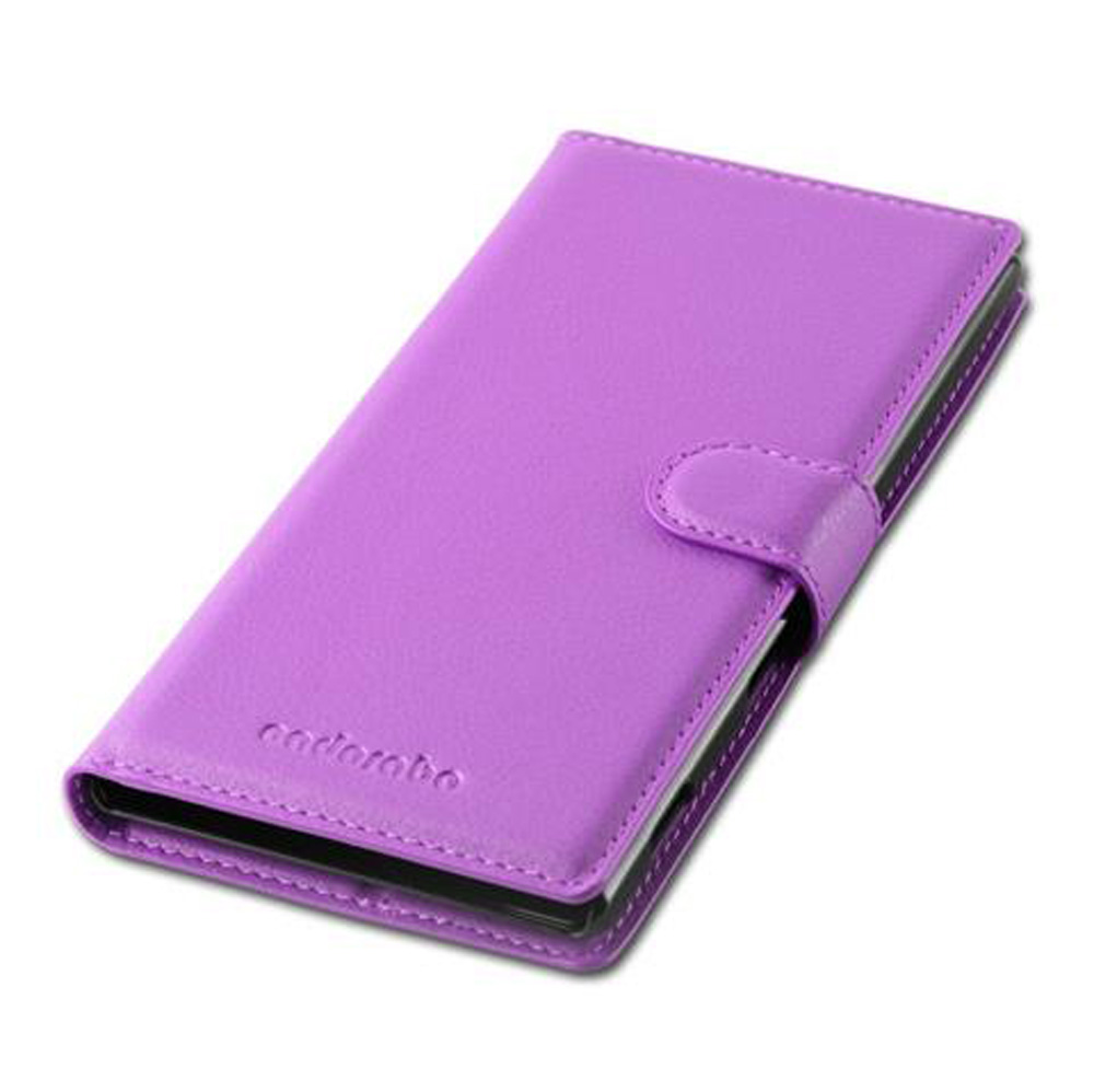 Una custodia a libro viola chiusa con chiusura a cinturino.