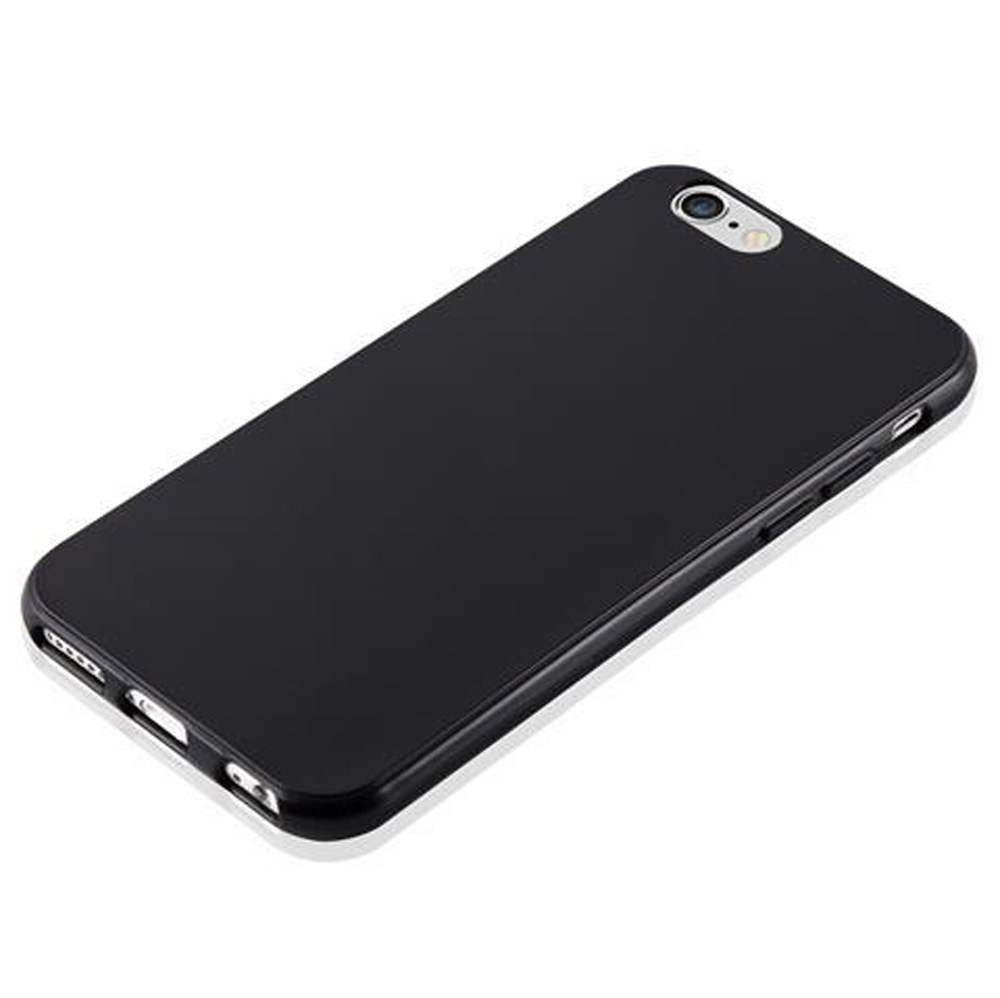 Schwarzes Smartphone mit Kamera oben links auf weißem Hintergrund.