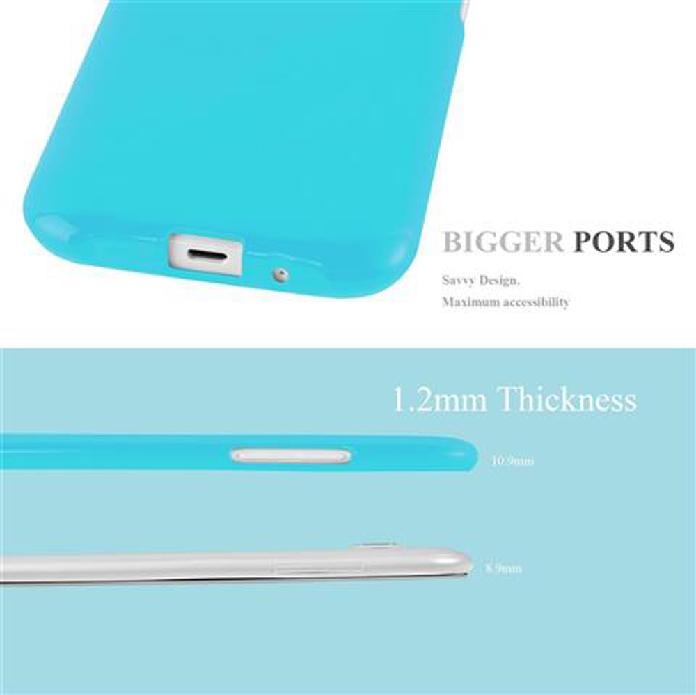 Una custodia turchese per telefono con porte più grandi e spessore di 1,2 mm.