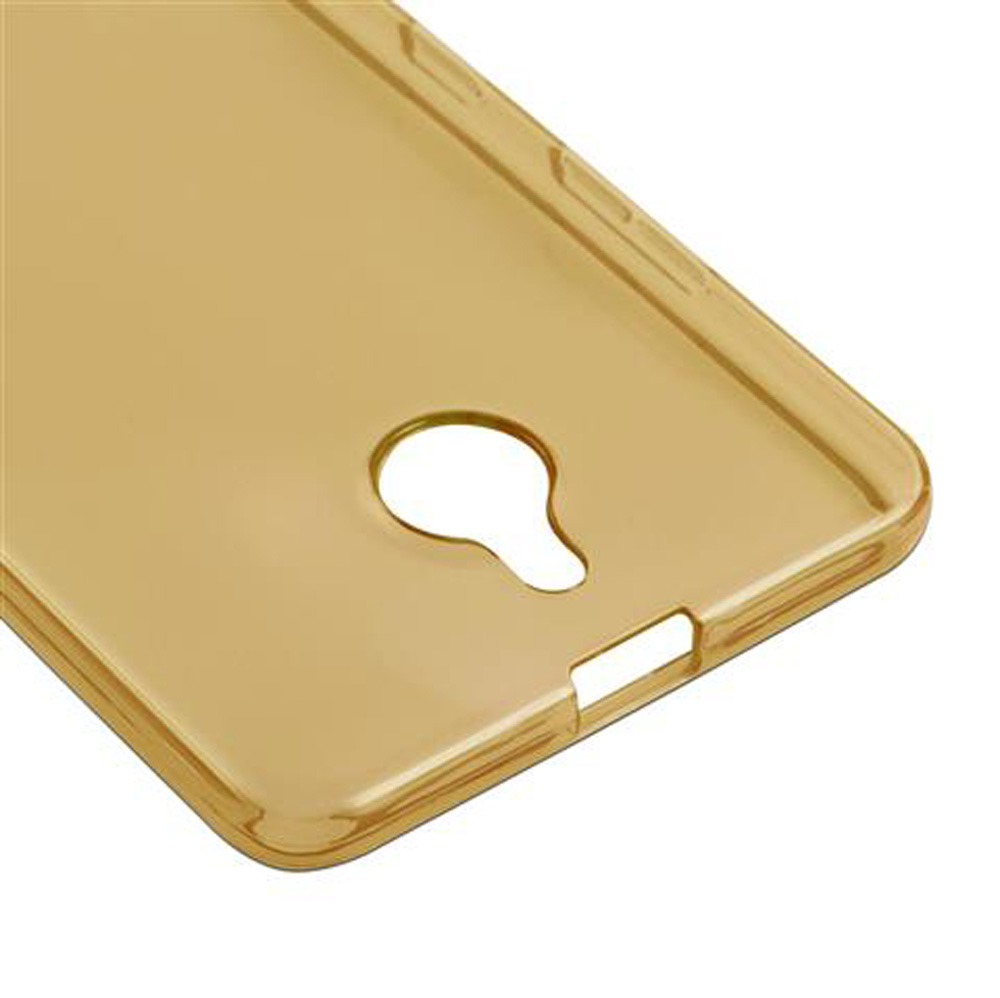 Una custodia dorata per telefono con ritagli per fotocamera e pulsanti.