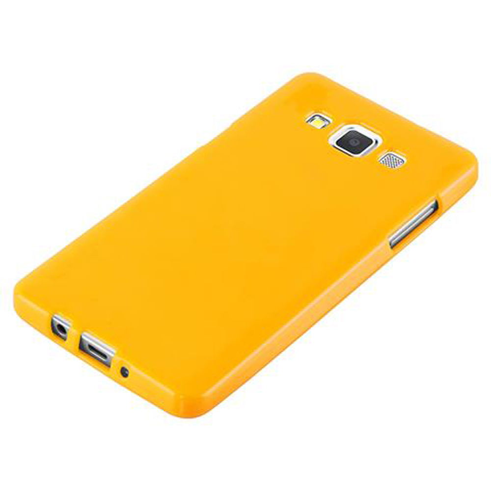 Una custodia gialla in plastica per telefono appoggiata su sfondo bianco.