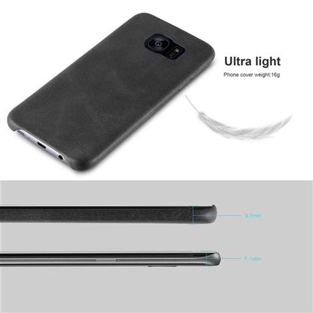 Funda de teléfono negra mostrada de frente y lado. Texto: Ultraligero, 16g. Dimensiones.