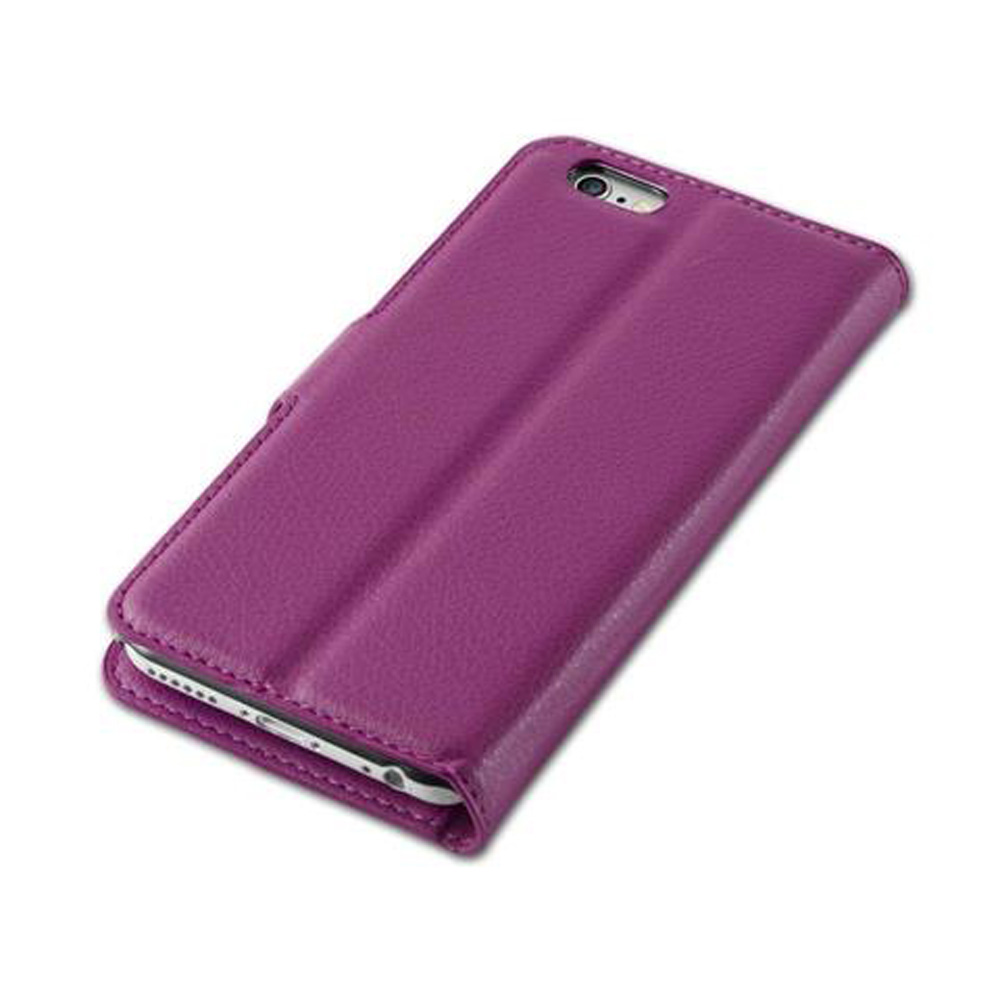Custodia in pelle viola per smartphone, chiusa.