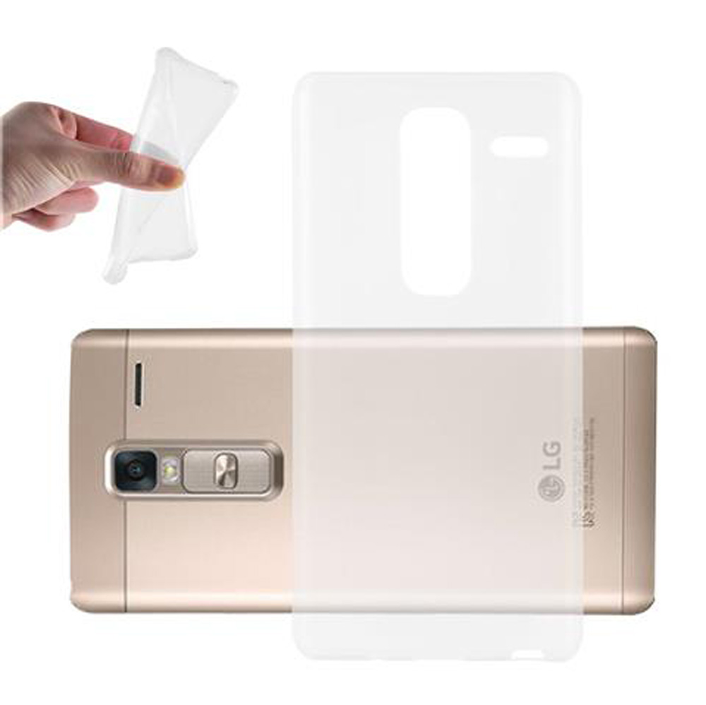 Una mano tiene una custodia trasparente sopra uno smartphone LG dorato.