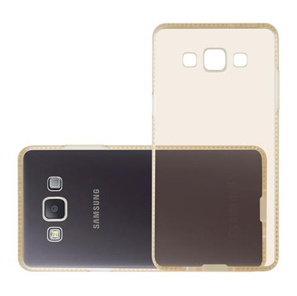 Una custodia bianca e un telefono Samsung nero giacciono uno accanto all'altro.