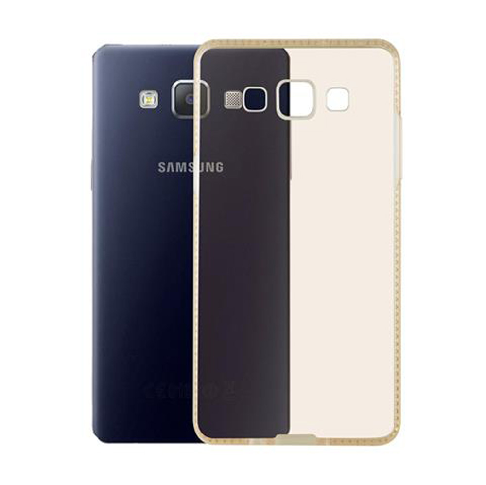 Tre custodie per telefono: blu navy, grigio scuro e beige trasparente con bordo dorato.