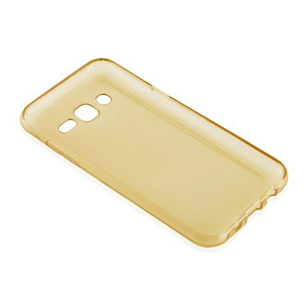 Una custodia per telefono traslucida e gialla con ritagli per fotocamera e flash.