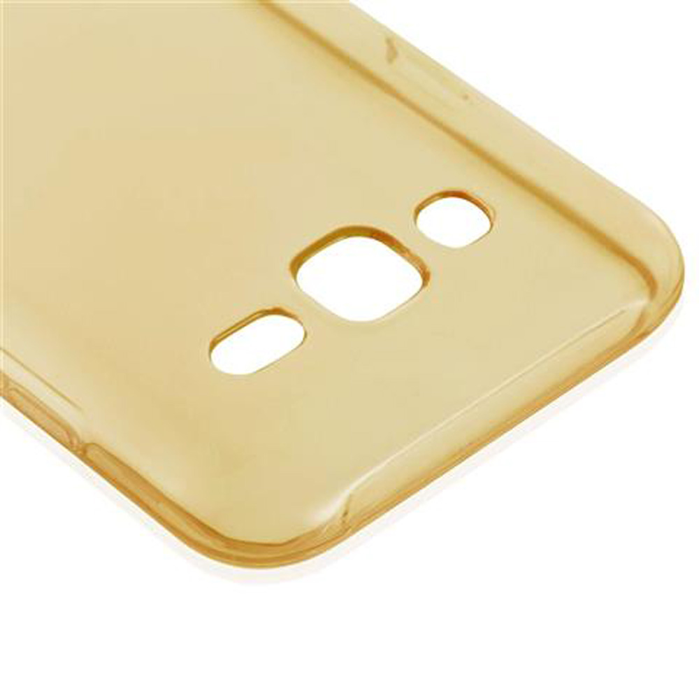 Una cover per telefono trasparente color ambra con ritagli per fotocamera e flash.