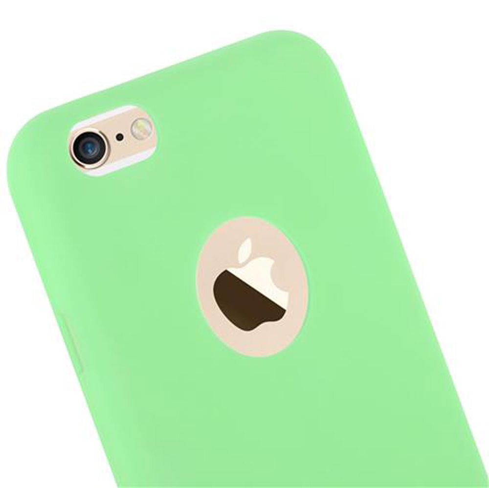 Rückseite eines hellgrünen Apple-Handyhülle mit Kamera und Logo.