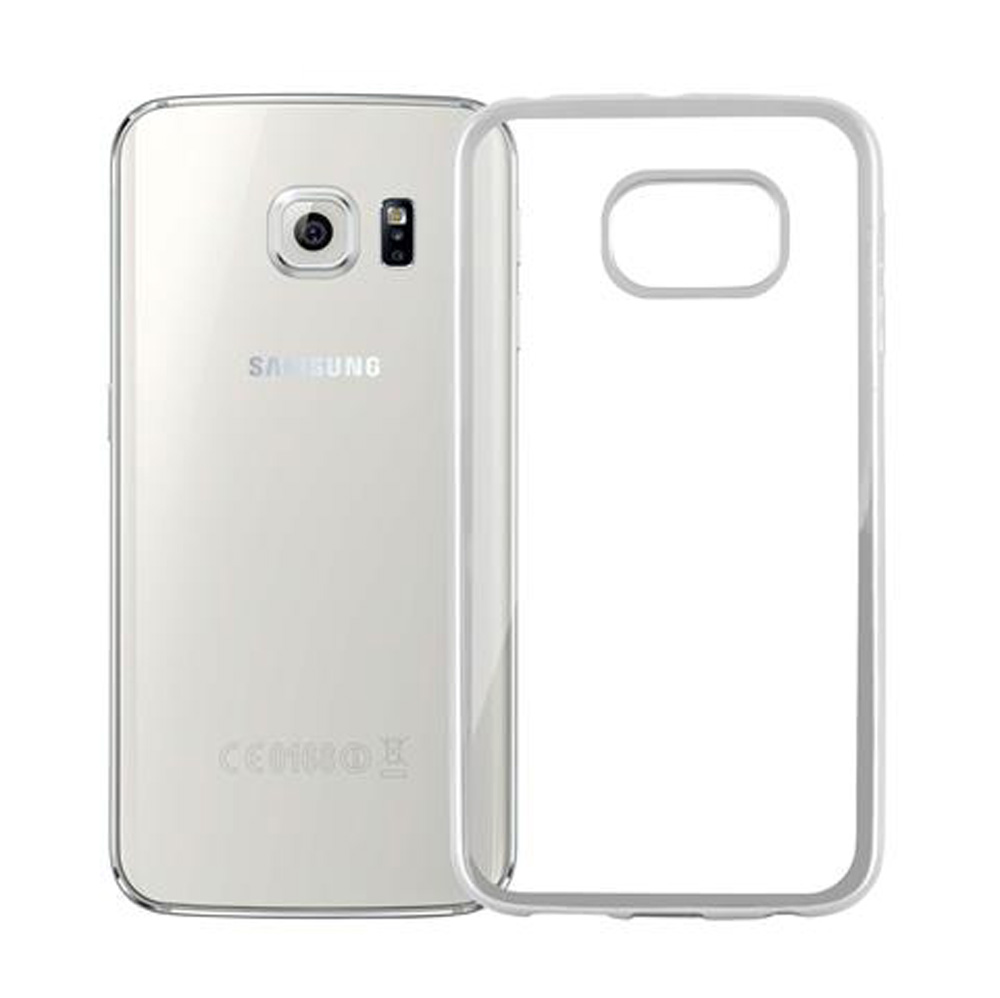 Uno smartphone Samsung bianco accanto a una custodia trasparente.