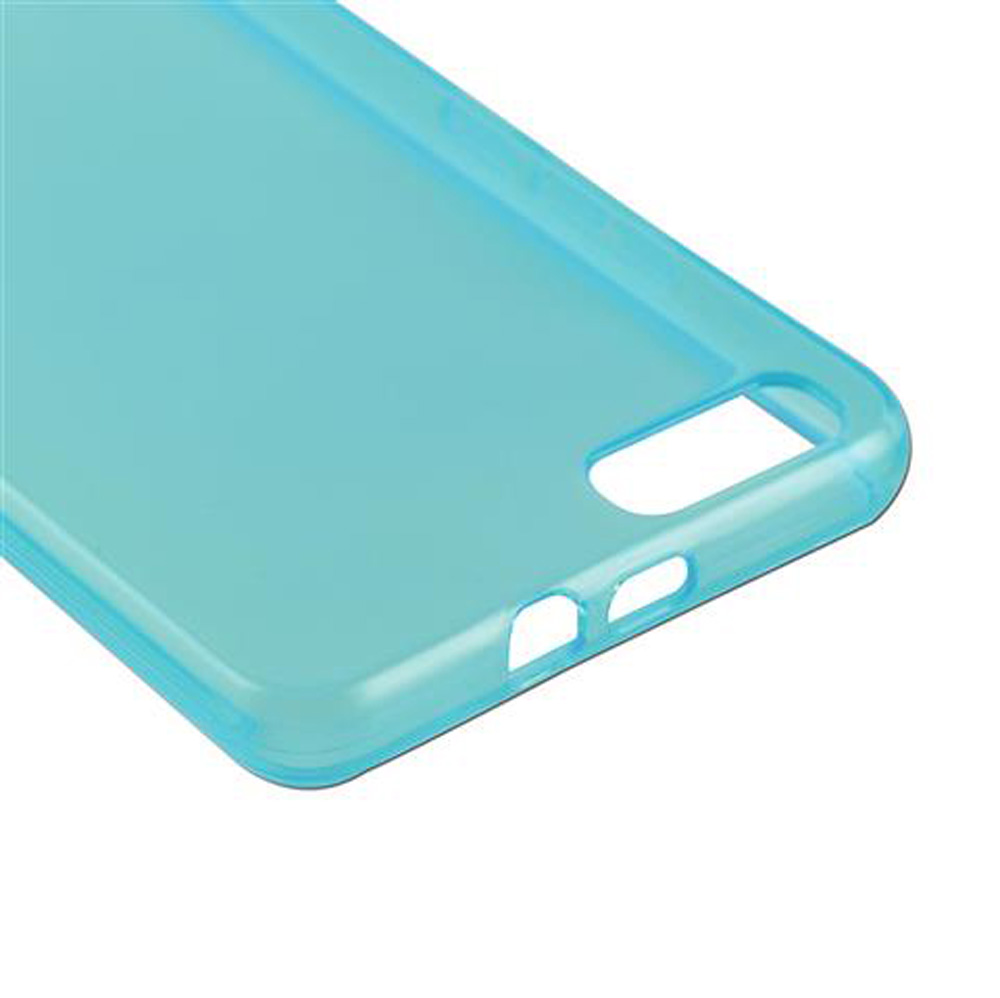 Una custodia per telefono in silicone turchese con ritagli per fotocamera e pulsanti.