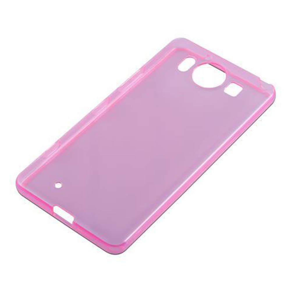 Una cover per telefono rosa traslucida con ritagli per fotocamera e flash.